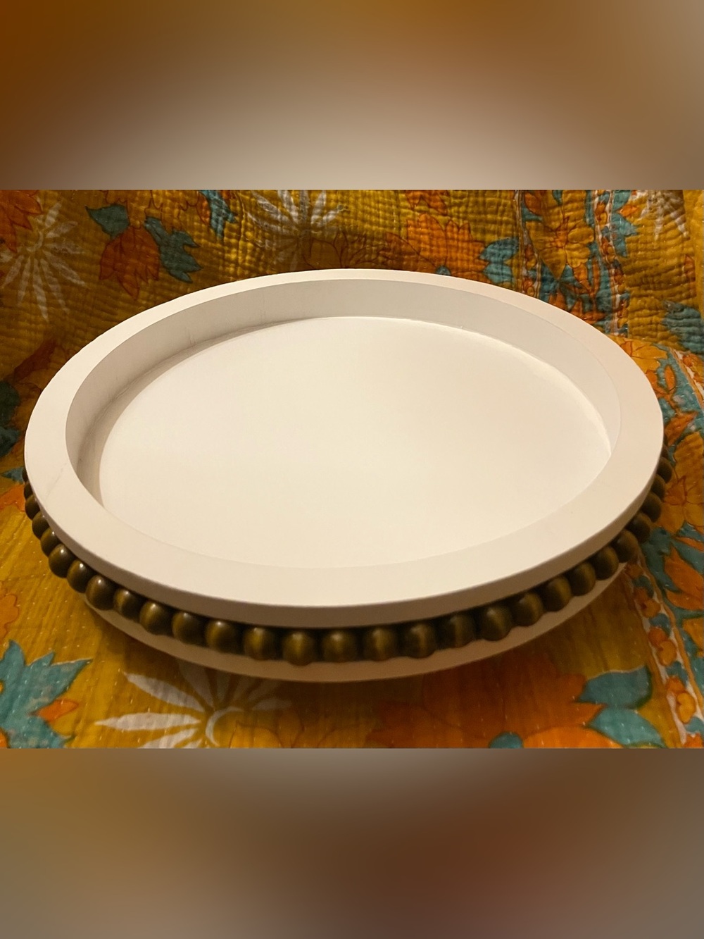 Round White Beaded Wooden Spinning Tray